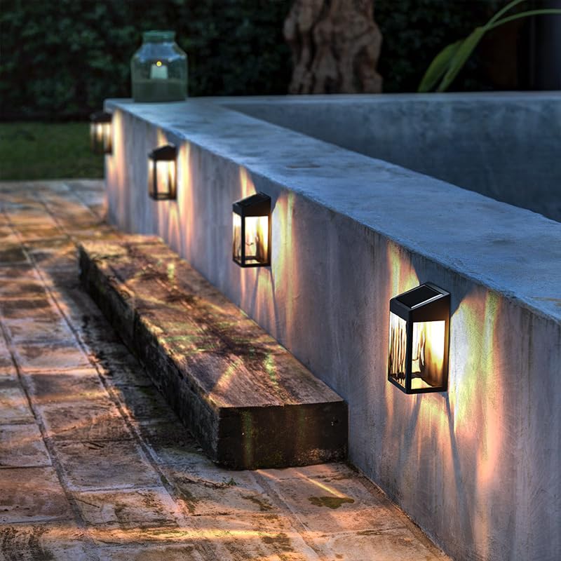 Solar Wall Light Outdoor, 4 Pack Solar Fence Lights with Auto On/Off, Waterproof, Dusk to Dawn Porch Lights Fixture for Wall Patio Porch Hallway Stairs Backyard Entryway Front Door, Warm White