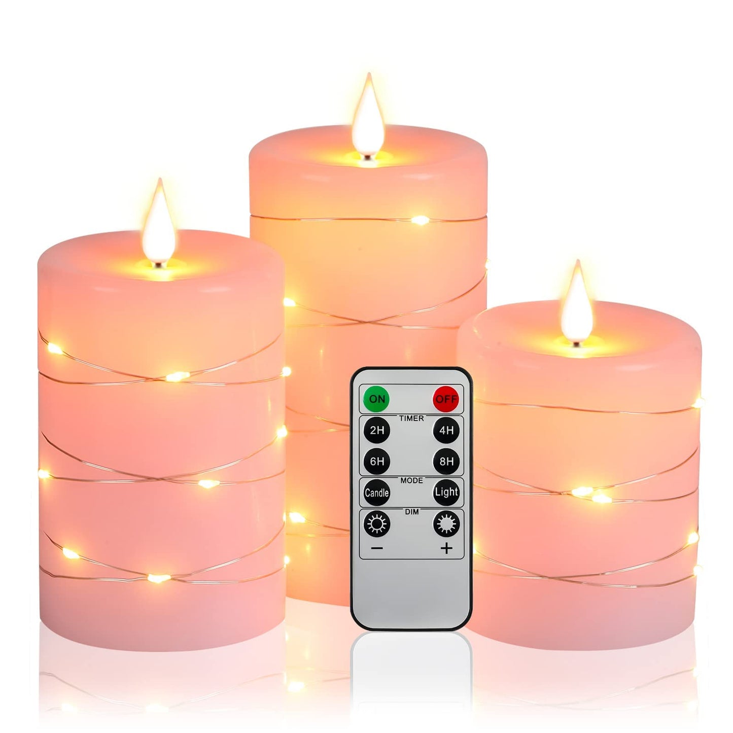 Upinmz Flickering Flameless Candles with Embedded String Lights, Battery Operated Candles with Remote Control and Timer,Flameless LED Candles for Home Decoration,Real Wax, Set of 3-Pink