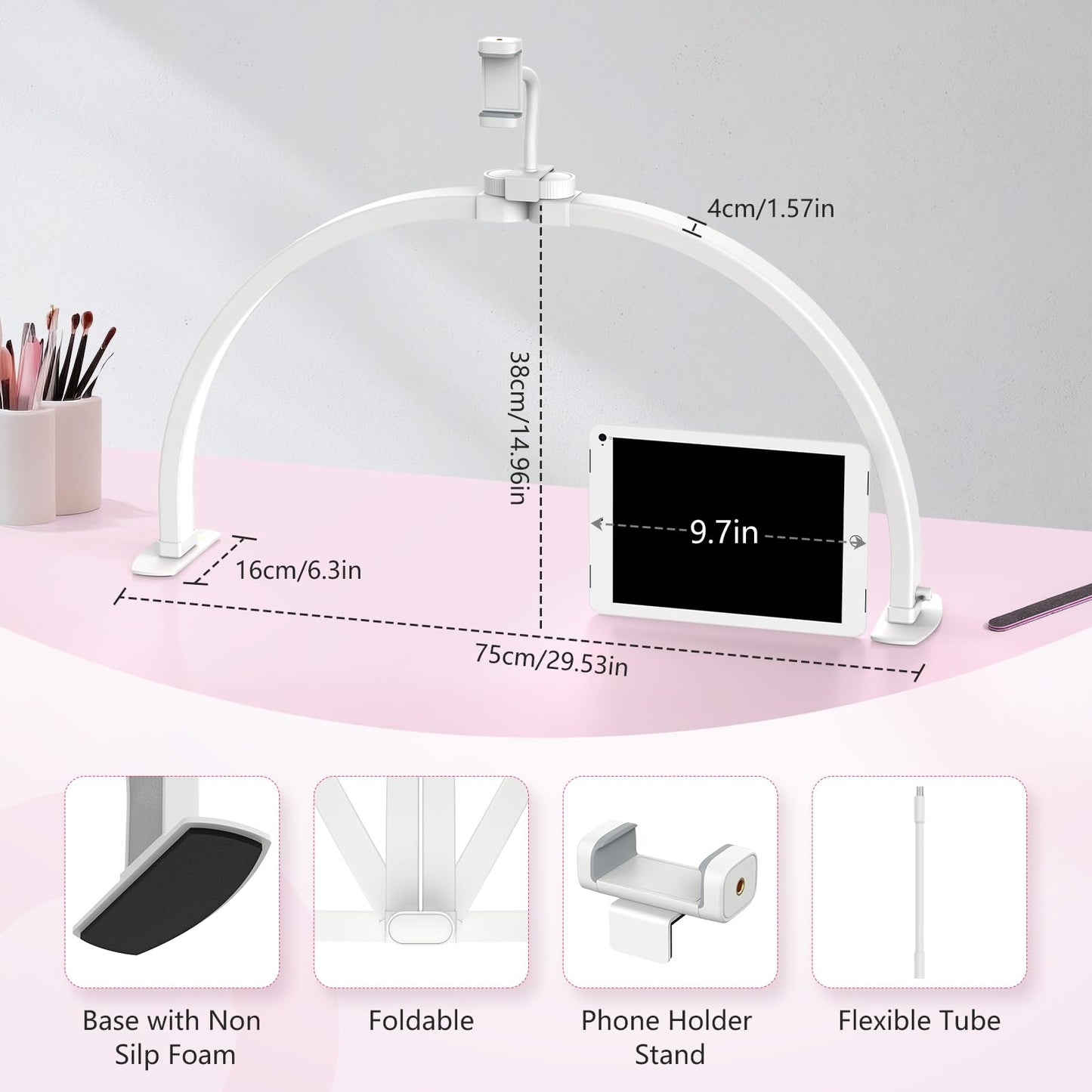 Yokilly Half Moon Light for Nail Desk: 29" Foldable Half Moon Nail Desk Lamp with Phone Holder for Beginner - Arch Tech Light with 3 Color Modes & 10 Brightness for Manicure Salon (White, Large)