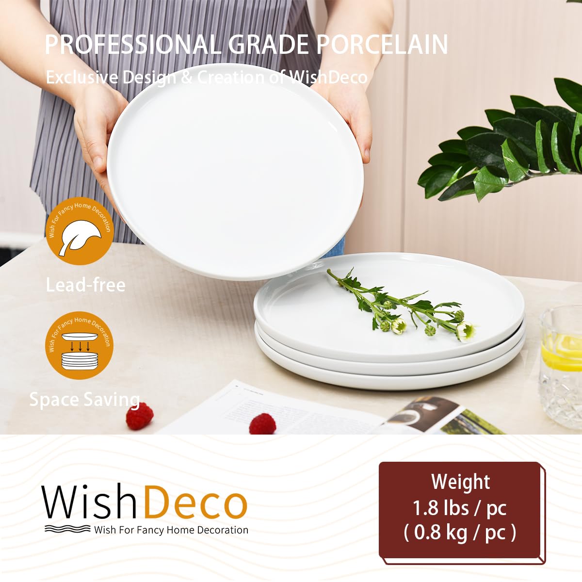 WishDeco Ceramic Dinner Plates Set of 4, Large Serving Plates 10.5 Inch / 27cm, White Round Porcelain Serving Dishes for Salad, Pizza, Steak, Buffet, Microwave & Dishwasher Safe