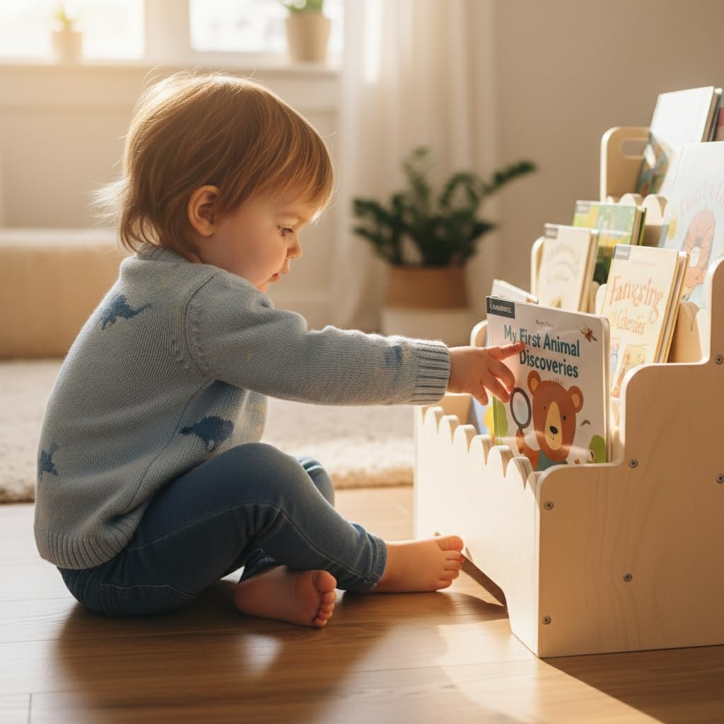 Wooden Tiered Montessori Kids Bookshelf & Portable Baby Book Organizer – Front-Facing 4-Tier Display Shelf with Scalloped Edge – Natural Wood Small Children Book Case for Nursery & Toddler Playroom