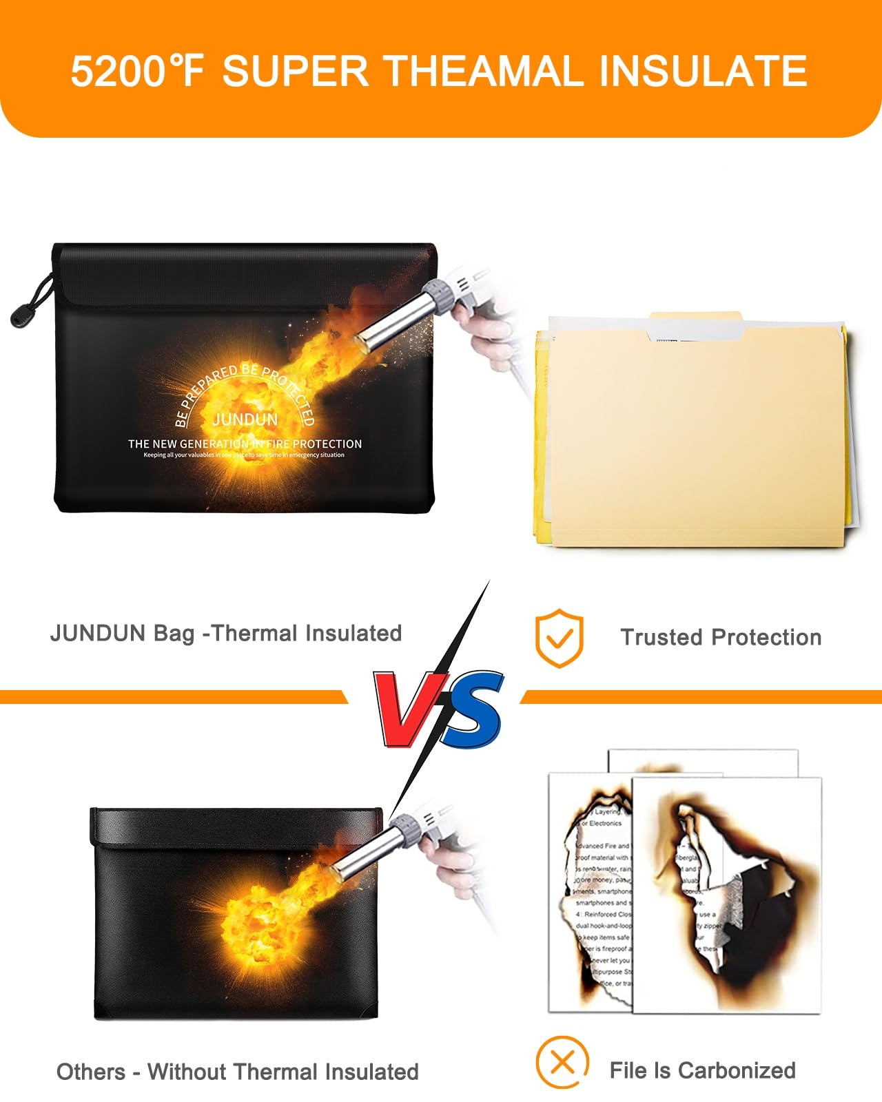JUNDUN Fireproof Document Bag with 5200℉ Heat Insulated,Legal Size Waterproof and Fireproof Money Bag,8 Layers Thickened Fire Rated Document Safe Bag Pouch with Zipper for Legal Documents