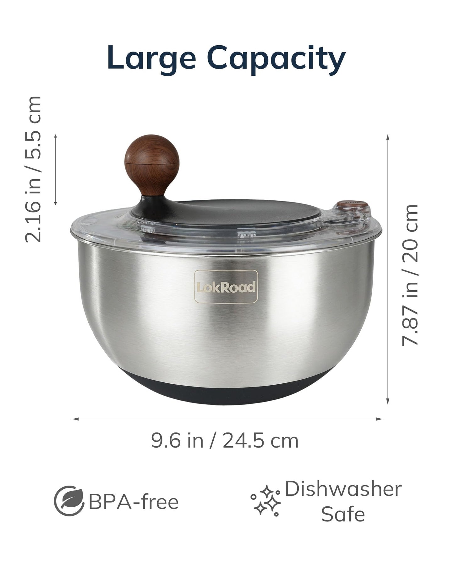 LokRoad Stainless Steel Salad Spinner, 5.3 Qt Large Lettuce & Vegetable Cleaner with Non-Slip Bottom, Quick Stop Button, Dishwasher Safe Fruit Washer, BPA-free, Black