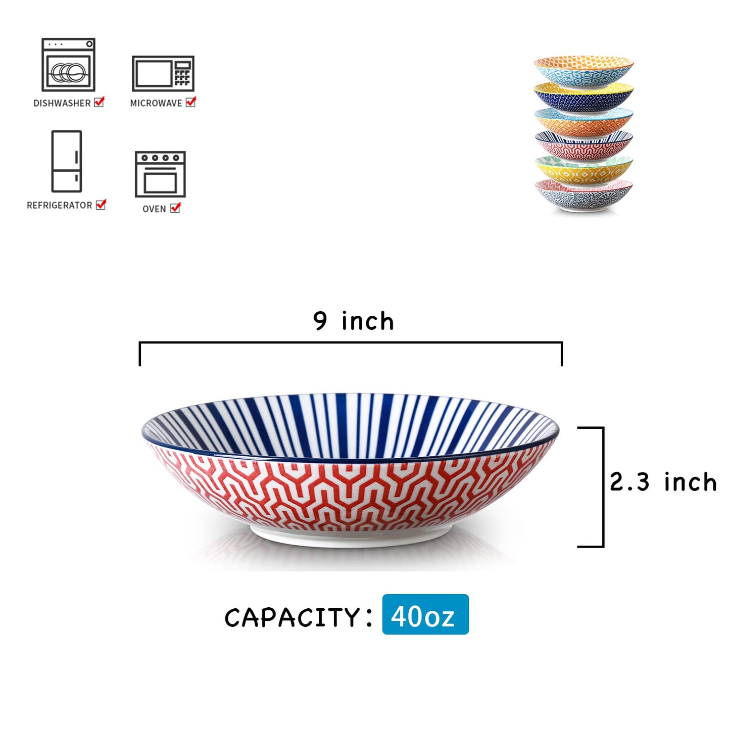 Selamica Porcelain 40oz Large Bowls 9 inch Big Pasta Salad Bowls, Microwave and Oven Safe, Colorful, Set of 6
