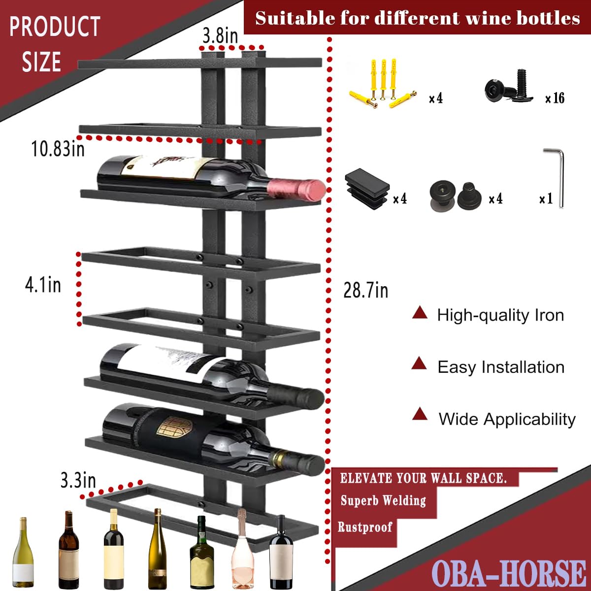 Wall Mount Wine Rack, Detachable Wall Mounted Wine，Wall Racks for Wine Bottles Display and Storage, Hanging Bottle Organizer for Living Room, Dining Room, Wine Cellar, Bar (8 Tier Classic Black)