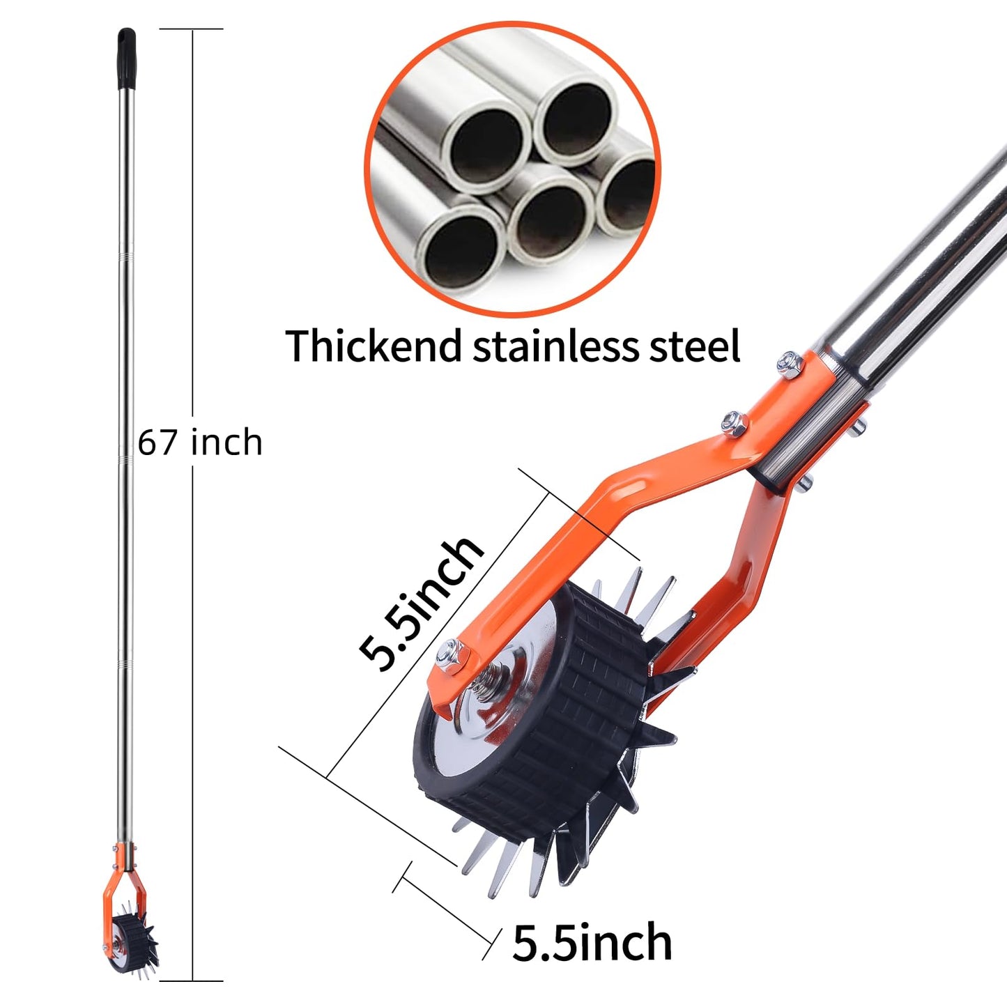 Manual Lawn Edger with Wheel, Rotary Sidewalk Edger Tool for Garden and Yard, 4-Section Stainless Steel Handle with Cushion Grip, 67 in / 170 cm
