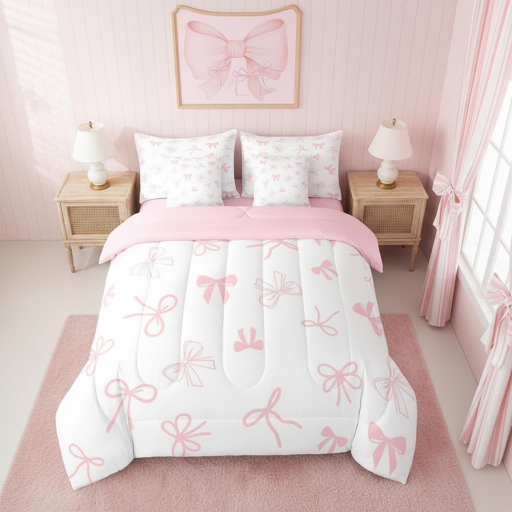 Erosebridal Bow 7 Piece Bedding Set Full Cute Bowknot Comforter Set with Sheets Princess Bow Tie Bed in a Bag White Pink Simple for Kids Girls Women