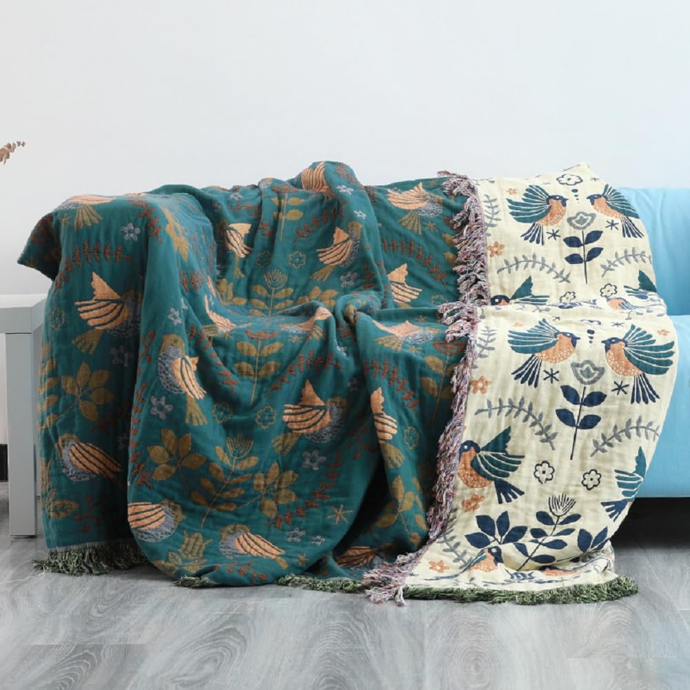 Boho Throw Blanket for Bed - 100% Cotton Ultra Soft Rustic Quilt Blanket Blue Bird Floral Printed Decor Farmhouse Bed Blankets, Super Soft Warm All Season Blanket for Sofa Couch Bed Chair, 60"×80"