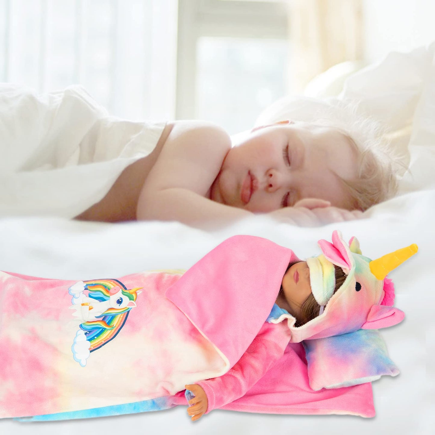 XFEYUE American 18 inch Doll Clothes and Doll Sleeping Bag Set - Rainbow Unicorn Doll Costume with Unicorn Style Sleeping Bag, Pillow, Eye Mask Slumber Party Accessories Fits 18 Inch Doll (No Doll)