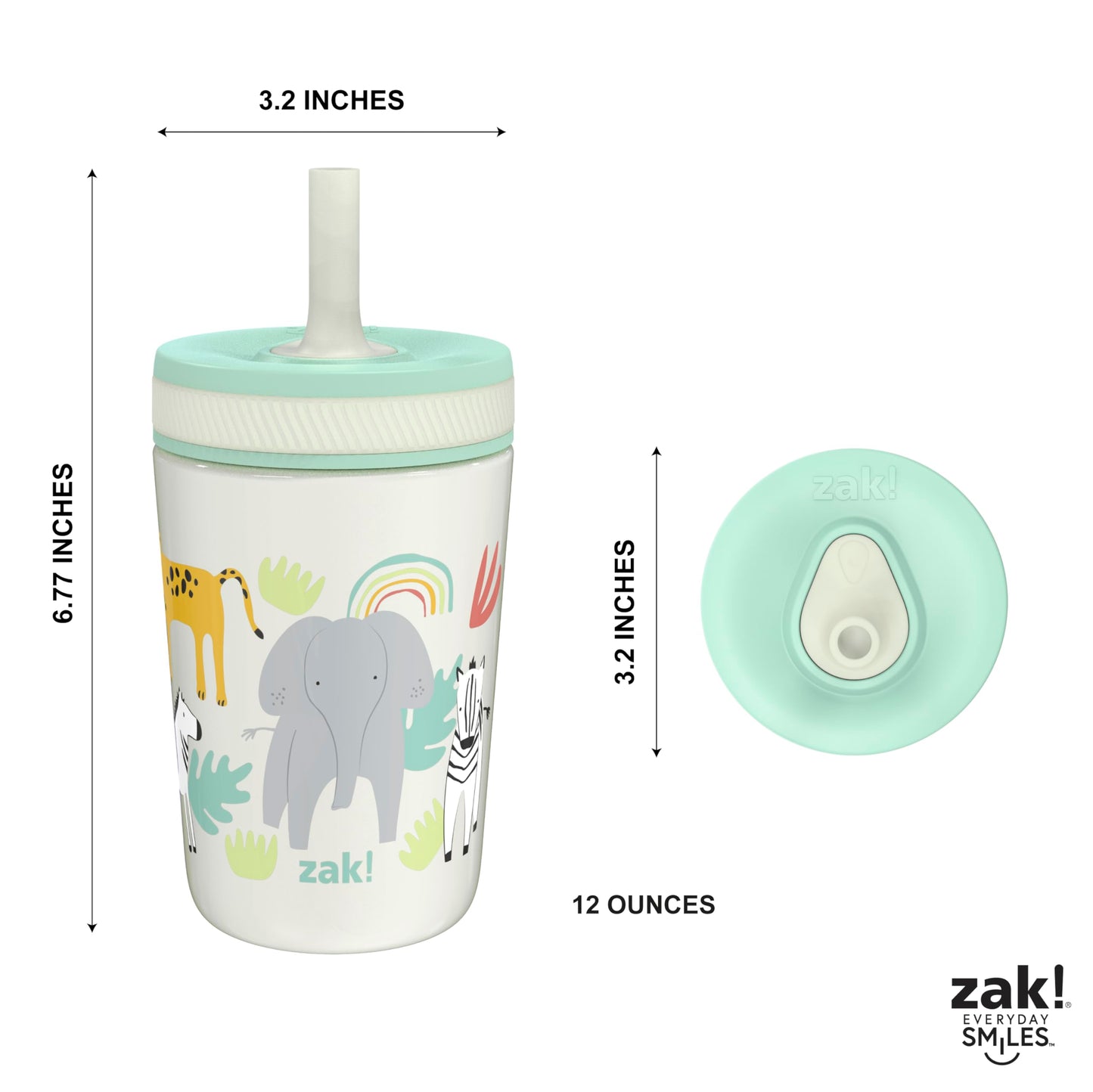 Zak Designs Kelso Toddler Cups for Travel or at Home, 12oz Vacuum Insulated Stainless Steel Sippy Cup with Leak-Proof Design is Perfect for Kids (Safari)