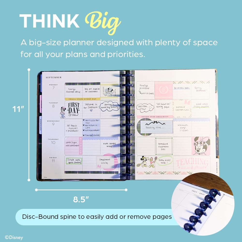 Happy Planner Disney Disc-Bound 12-Month Academic Planner, July 2026–June 2027, 12 Dividers, Big Size, Teacher Layout, Minnie & Daisy Varsity Theme, 8.5” x 11”