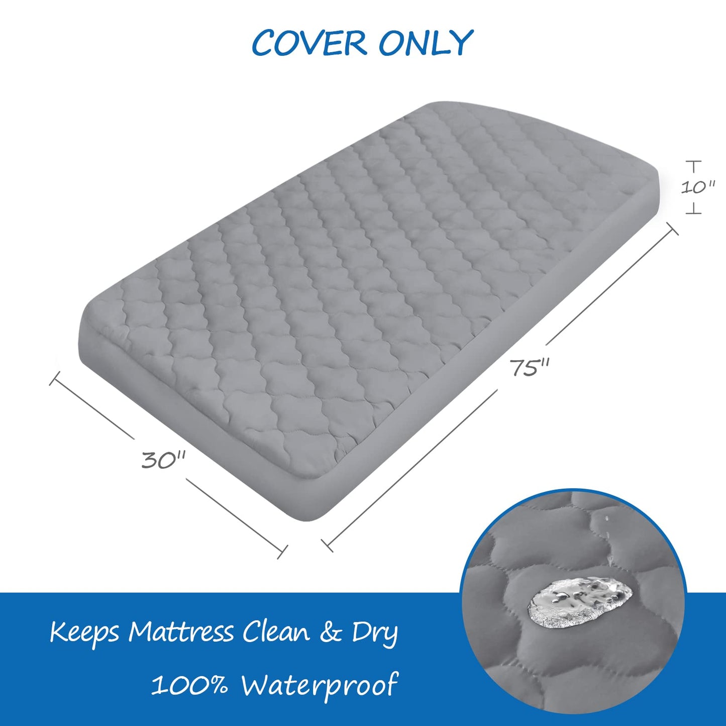 Cot Mattress Pad Waterproof, Quilted Cot Size Mattress Pads Protector Cover 30" X 75" Fitted for Narrow Twin/Camp Bunk/Rvs Bunk/Guest Beds, Soft Breathable Microfiber Topper, Gray (Cover Only)