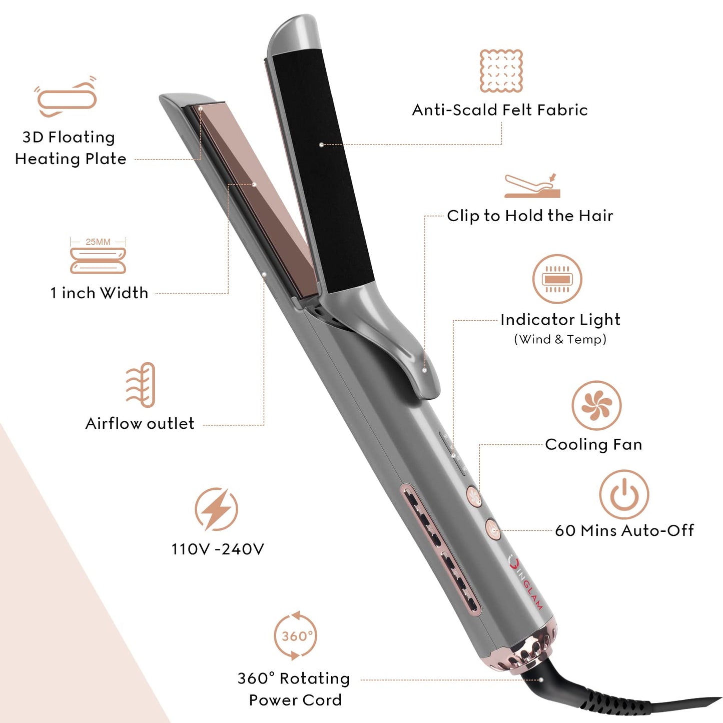 Bouncy Hair Cool Airflow Styler Hair Straightener Iron with Breeze Fan & Anti Scald Felt Fabric, IG INGLAM 2 in 1 Professional Straight and Curl Hair Tools 2022 Version Perfect Nice Gift