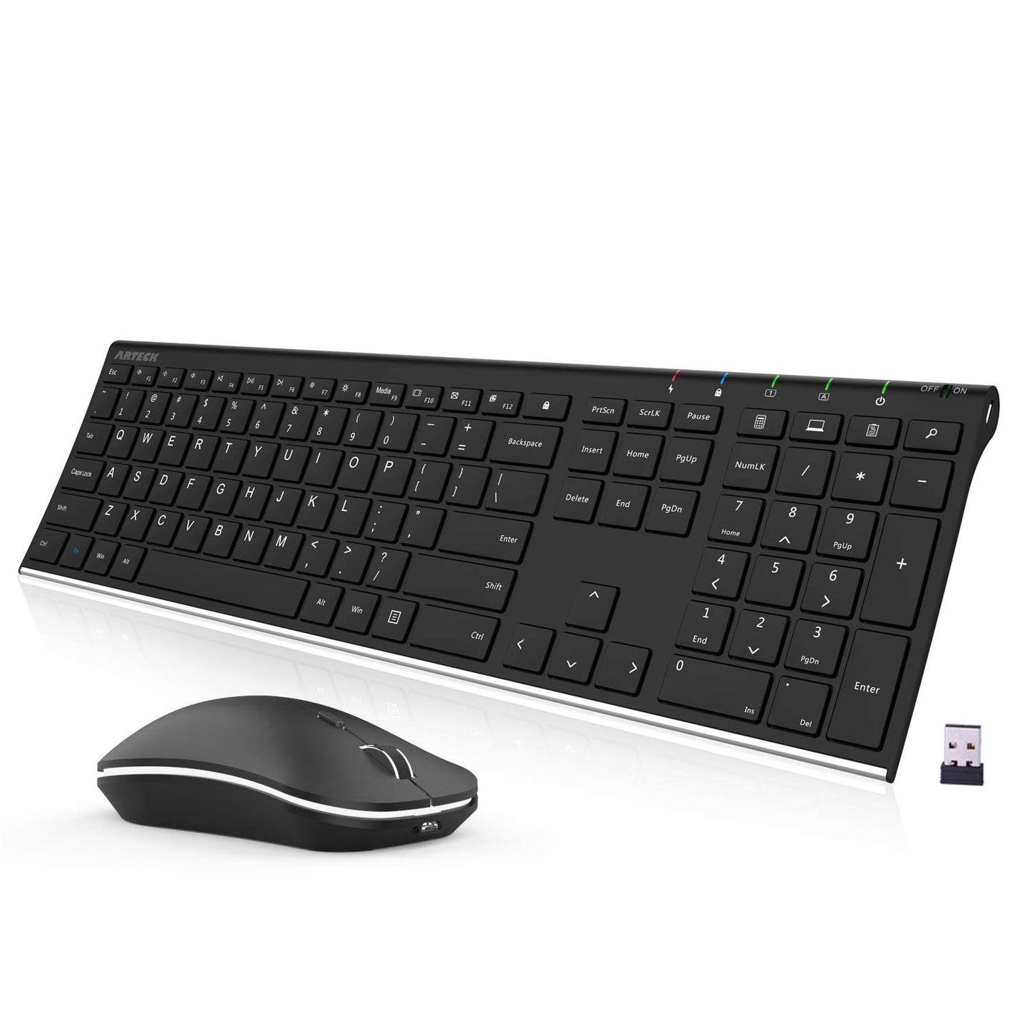 Arteck 2.4G Wireless Keyboard and Mouse Combo Stainless Steel Ultra Slim Full Size Keyboard Keyboard and Ergonomic Mice for Computer Desktop PC Laptop and Windows 10/8/7 Build in Rechargeable Battery