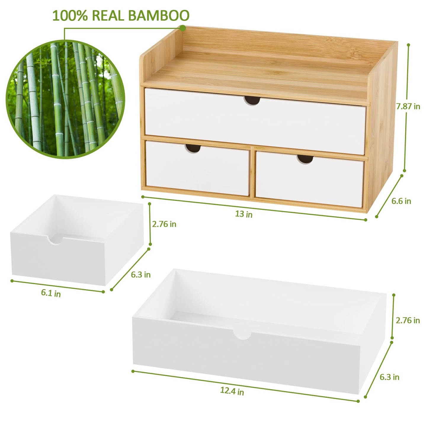 Wisuce Desk Organizer with Drawers - Bamboo Desktop Organizer Storage | Natural-White Wood Desk Drawers Organizer for Bills, Office Supplies, Cosmetics, Seals No Assembly Required