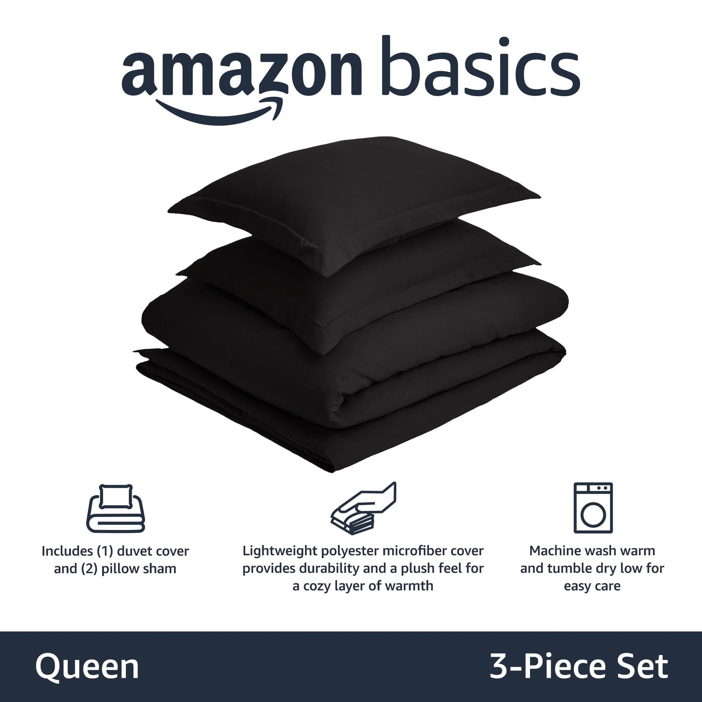 Amazon Basics Light-Weight Microfiber Duvet Cover Set with Zipper Closure - Full/Queen, Coal Black