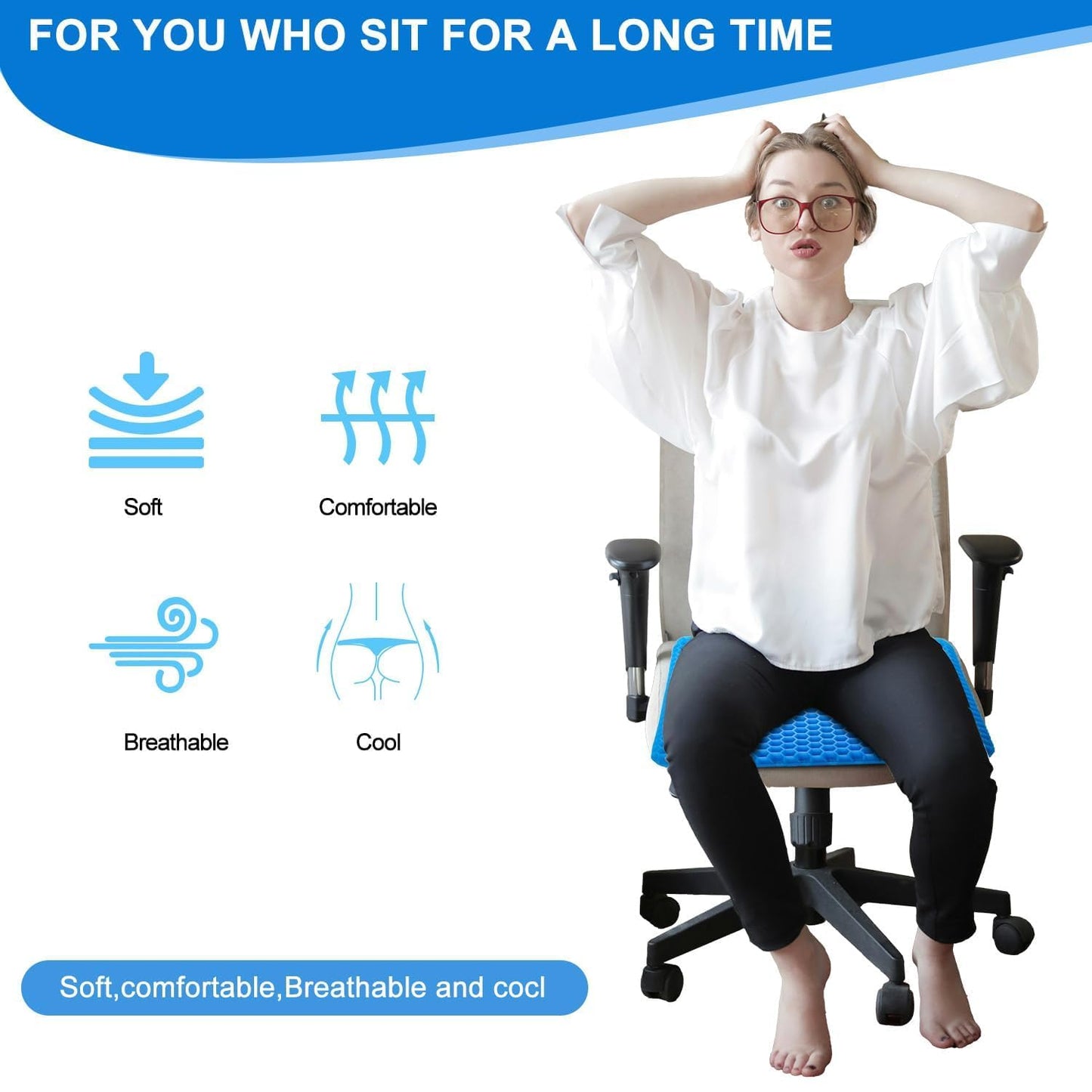 Gel Seat Cushions for Long Sitting with Handle,Seat Pads for Back Sciatica Tailbone Pain Pressure Relief with Non-Slip Cover,Chair Pads for Car Seat Driver,Office Desk,Wheelchair -Blue- 45 x 45cm