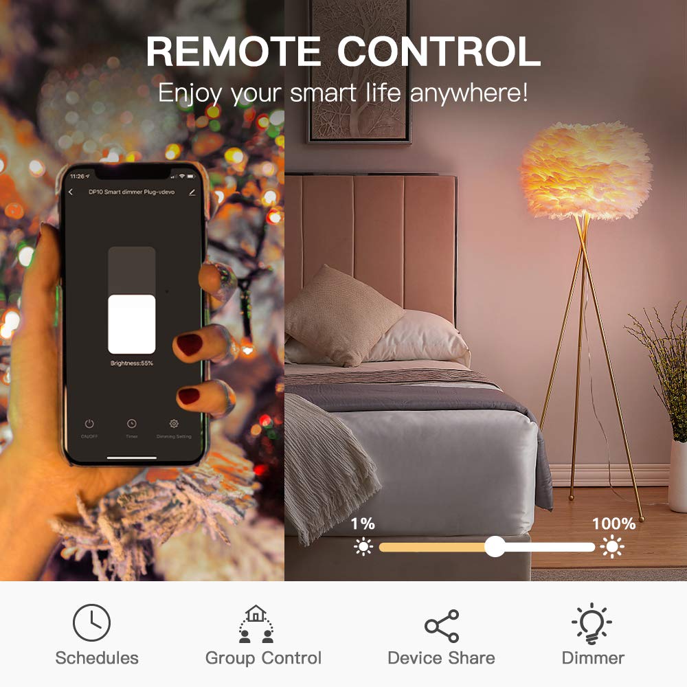 TREATLIFE Smart Dimmer Plug, 2.4GHz WiFi Outdoor Smart Plug Works with Alexa, Google Home, IP44 Outdoor Dimmer for Dimmable Lights, Max Power 400W