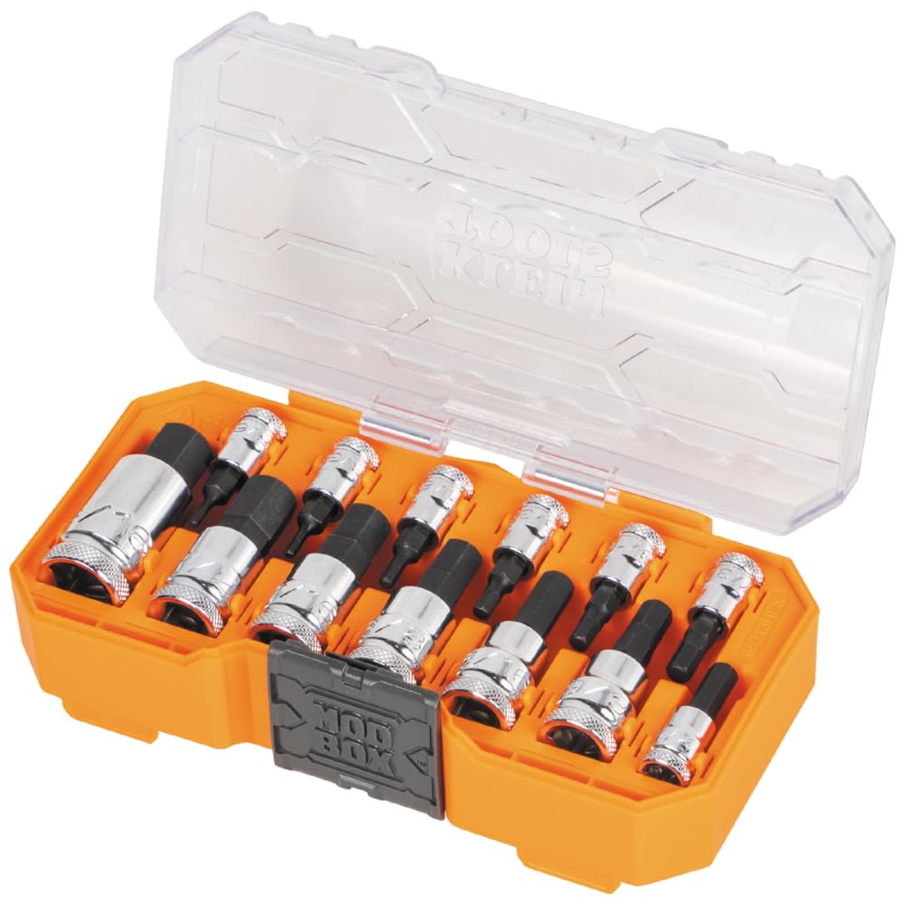 Klein Tools 65213HEX Knurled Hex Bit Socket Set, 1/4, 3/8 and 1/2-Inch Drives, Premium Cr-V Steel, SAE Sizes 5/64 to 9/16-Inch, MODbox Case, 13-Piece