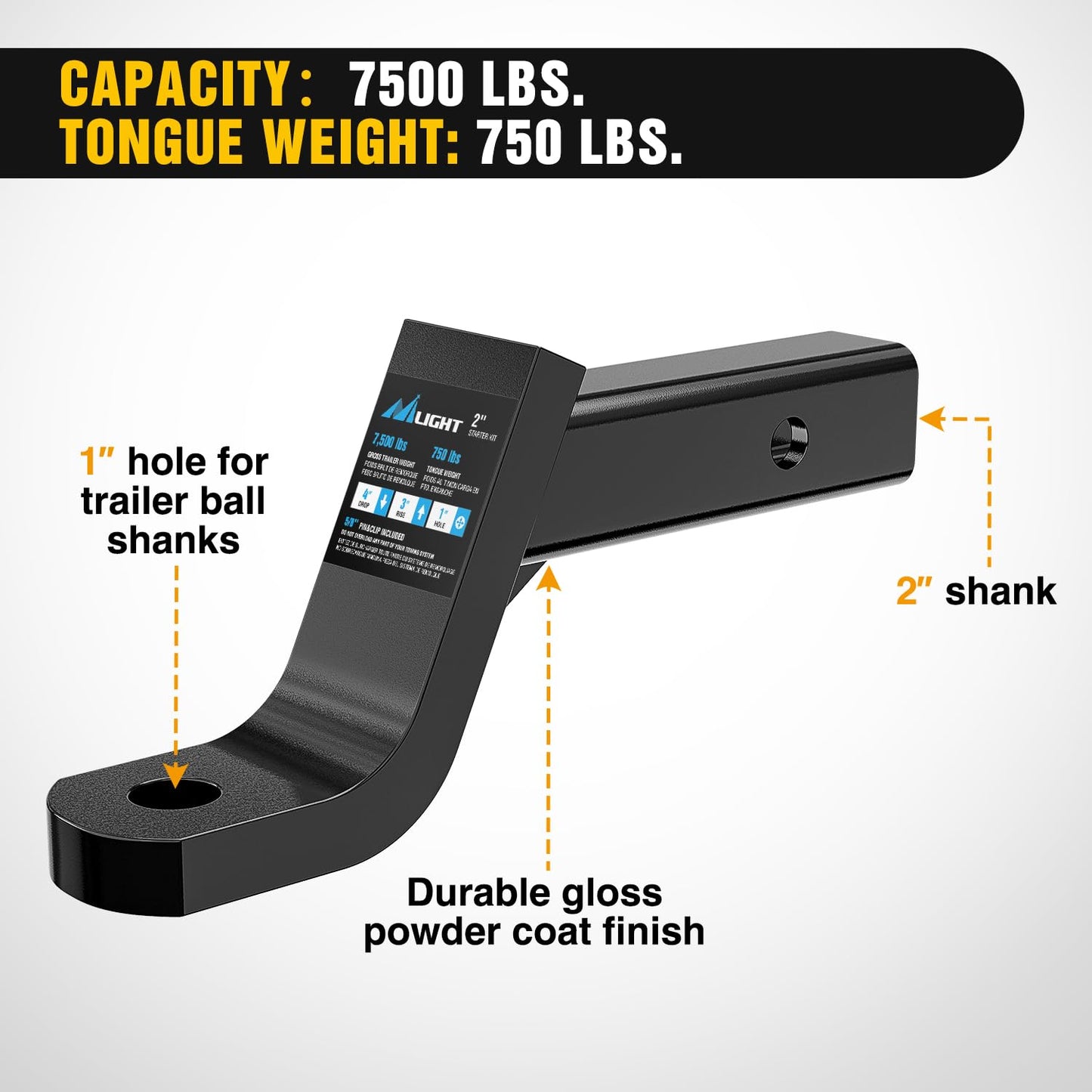 Nilight Trailer Hitch Ball Mount with 5/8" Hitch Pin Clip Fits 2 Inch Receiver Square 7500 lbs 4" Drop, 3” Rise, 1” Hole, Gloss Black Powder Coast