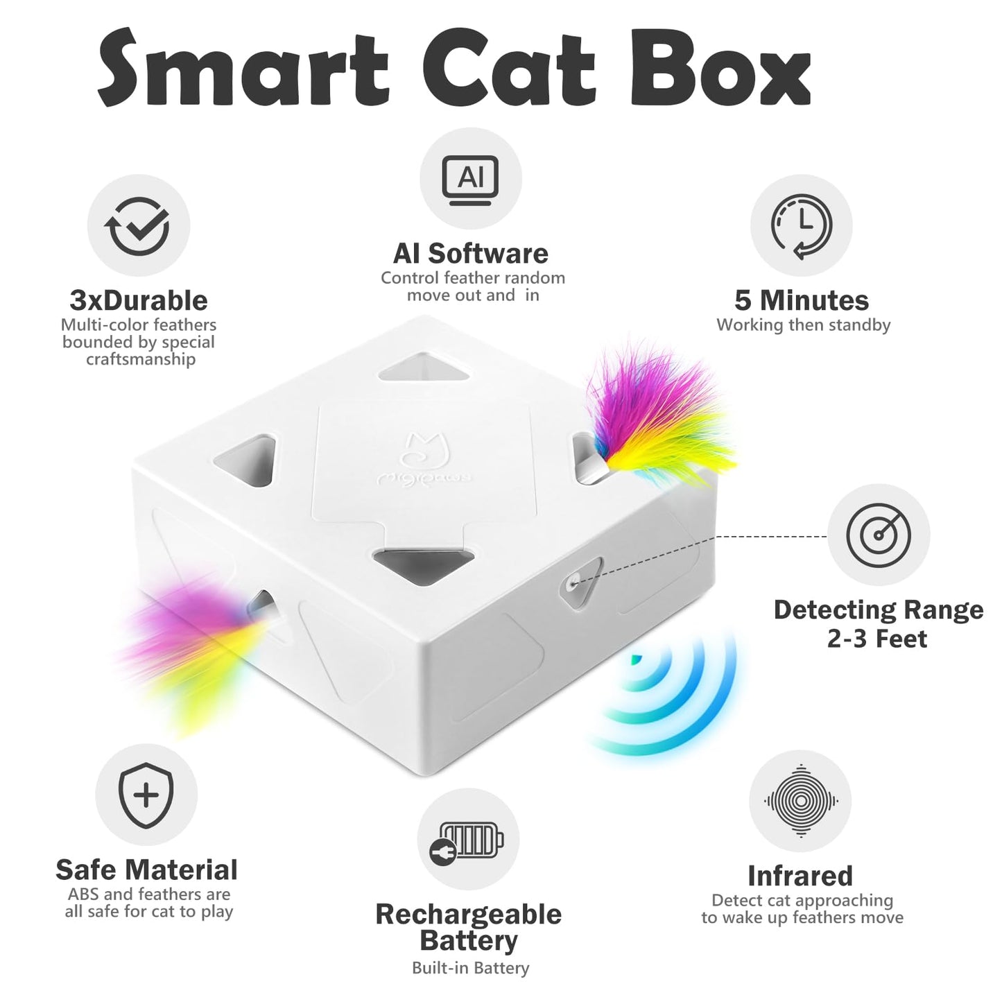 Migipaws Interactive White Cat Toy with Purple Cloth Bag, AI-Powered Mice Chase Game, Smart Sensor, Rechargeable, Durable, and DIY Ball Fun for Cats - 7 Holes, Cartoon Design