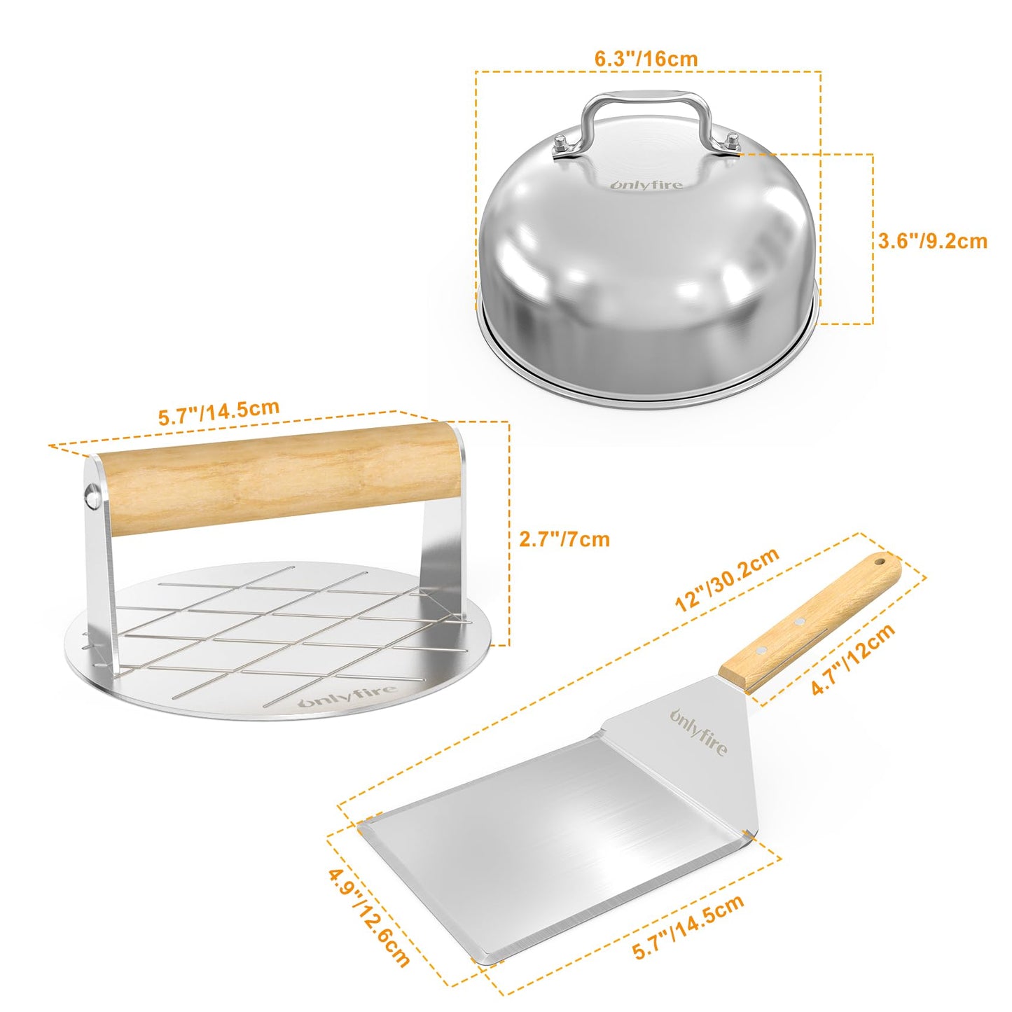 only fire Griddle Accessories Kit,Cheese Melting Dome & Burger Press Kit,6 Inch Basting Cover with Burger Smasher & Grill Spatula for Outdoor Griddle BBQ, Flat Top Teppanyaki Grilling & Steaming