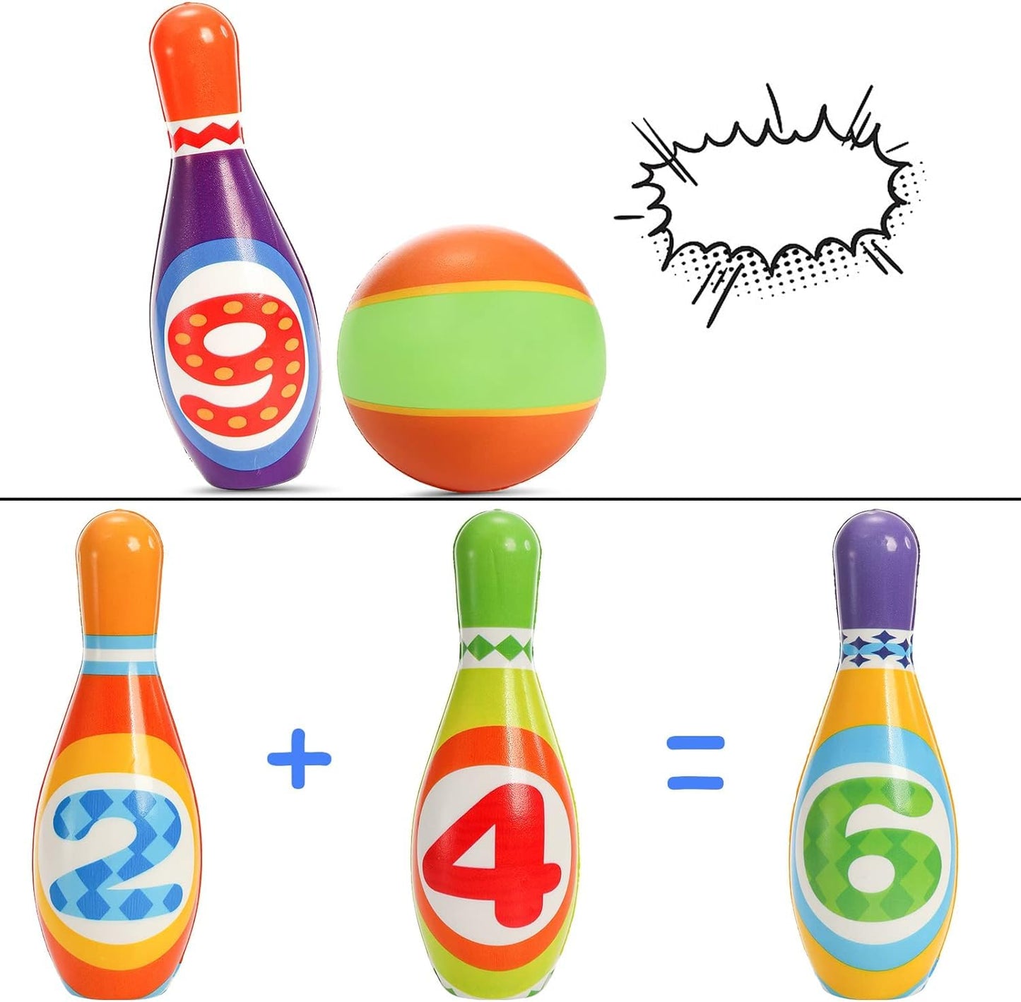 Coloch Kids Bowling Set, 10 Foam Pins and 2 Balls Indoor Toddler Bowling Game Educational Toy Game Printed with Numbers, Soft Colorful Play Game for Baby Age 3+, Boys and Girls, Birthday Gift