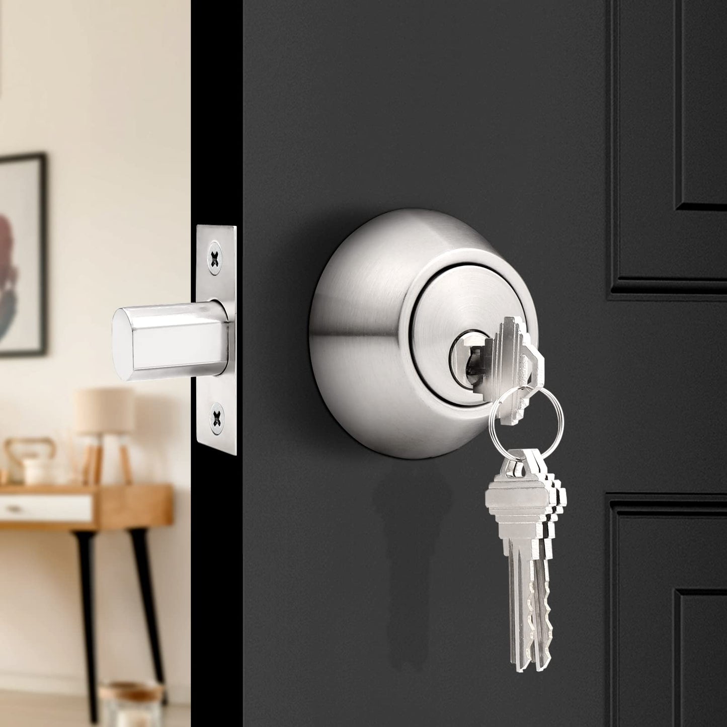 Probrico(2 Pack) Keyed Alike Single Cylinder Deadbolts Brushed Nickel (Combo Packs), Keyway Keys Handleset, 3 Keys Anti-Theft Interior& Exterior Door Hardware (for Entrance Lock and Front Gate)