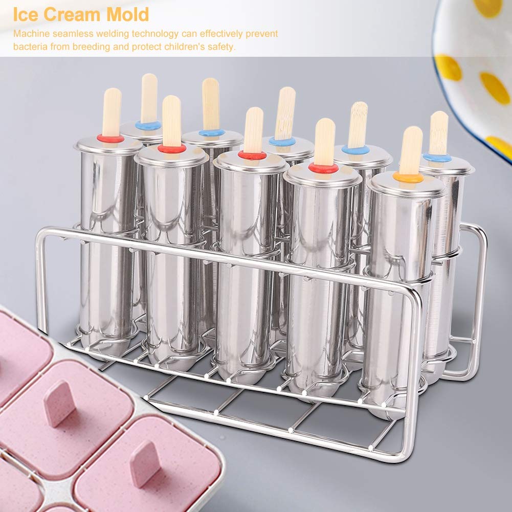 Sunicon Popsicle Mold, 10Pcs Stainless Steel Popsicle Molds, Homemade Ice Lolly Molds with Holder, Reusable Round Head Fast Freezing Ice Treat Maker with Wooden Sticks and Bags for DIY Popsicle