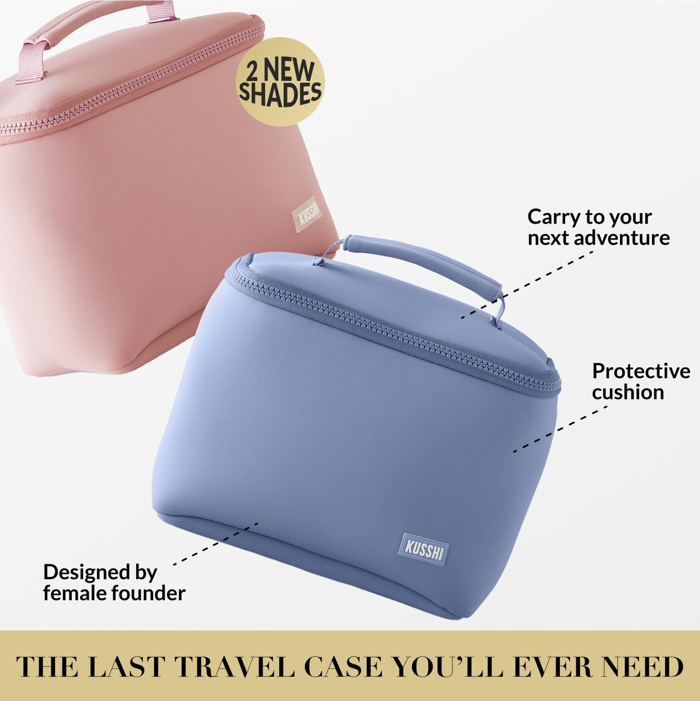 KUSSHI Neoprene Train Case Makeup Bag - Washable Makeup Travel Bag & Vanity Case for Stress Free Travel (Small, Pearl Blue/Sand Pink), Pearl Blue/Sand Pink, Small