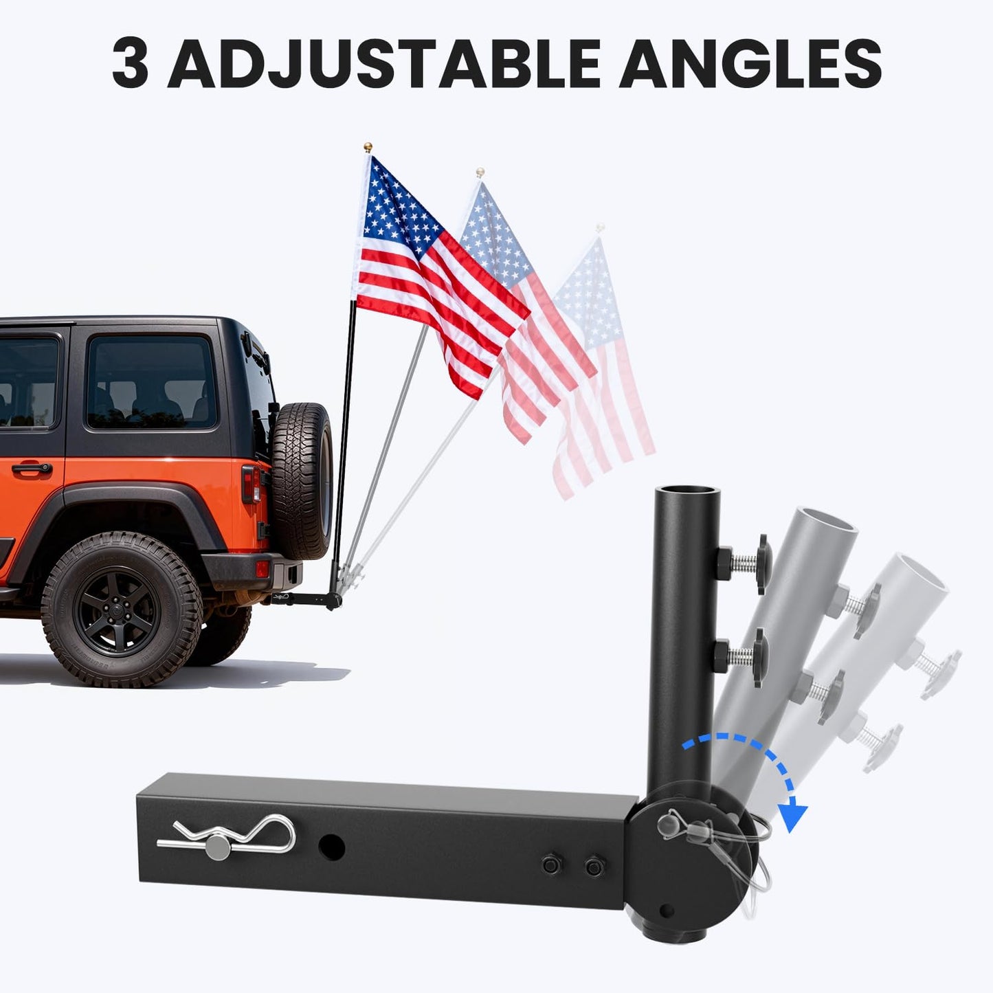 Adjustable Angle Trailer Hitch Flagpole Mount| All Metal Durable,Universal Flag Mount Fits Standard 2" Trailer Hitch, Compatible with Pickup, Truck, SUV, RV, Jeep, Camper Trailer