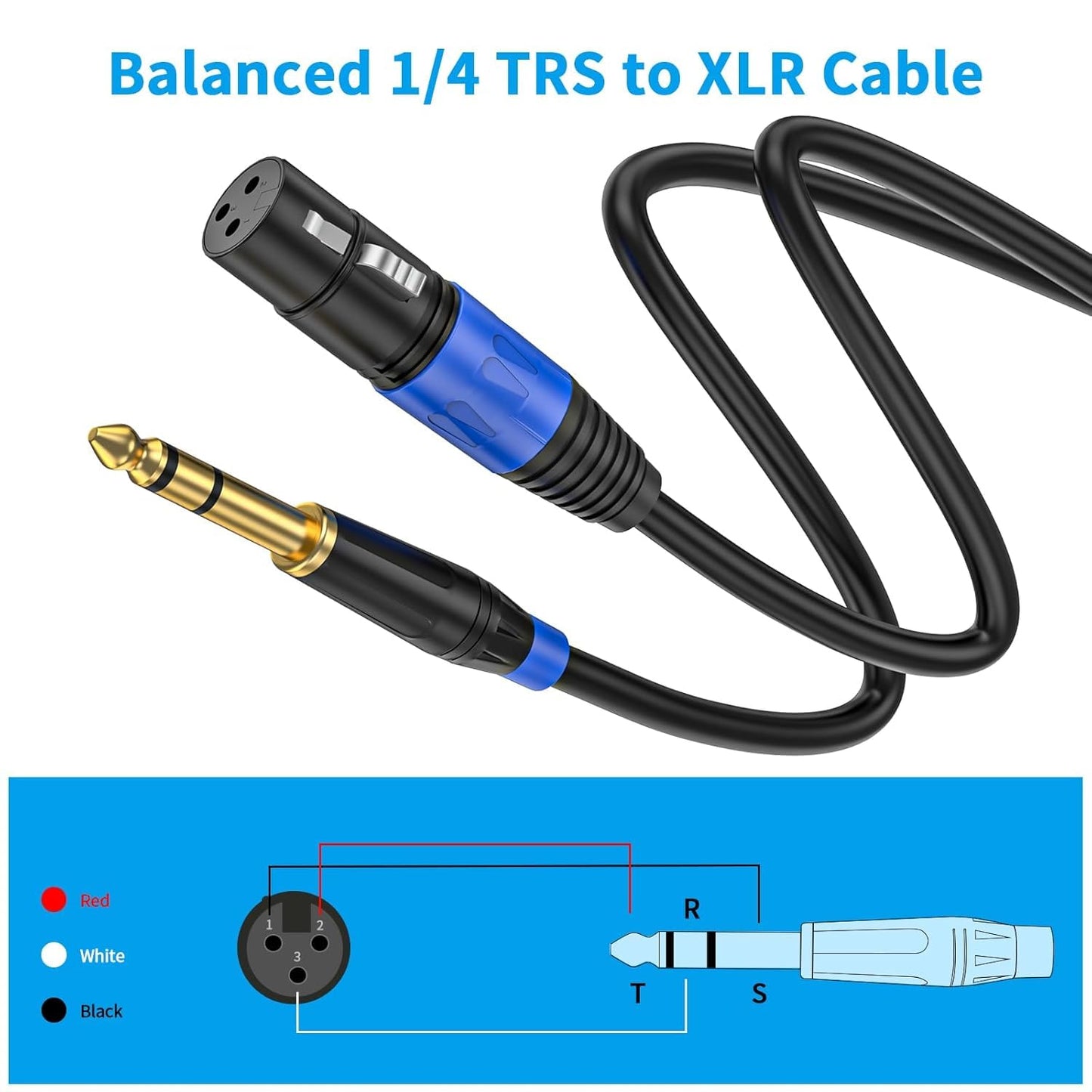 Jozzai Female XLR to 1/4 Inch (6.35mm) 25FT, 2 Pack, TRS Mono Jack Microphone Cable, Balanced 3 Pin XLR to Quarter inch TRS Plug Mic Cord for Dynamic Microphone