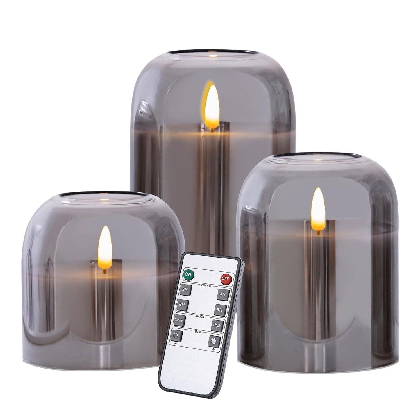 volnyus Gray Glass Flameless Candles Set of 3 (Φ 4" H 4" 5" 6") with Remote Battery Operated Flickering LED Pillar Candles Real Wax 3D Wick
