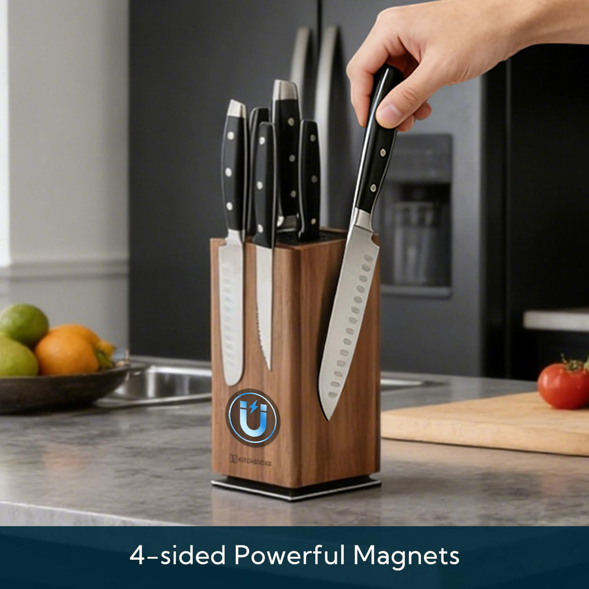 KITCHENDAO Magnetic Knife Block Without Knives, 360° Rotatable Acacia Wood Knife Holder, Large Knife Storage with Magnet for Knives & Utensils, Kitchen Countertop Organizer
