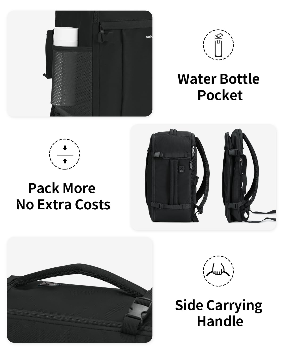 ECOHUB Travel Backpack for Women Men 17.3" Laptop Backpack Flight Approve Carry On Backpack Luggage with USB Charging Port Anti Theft Water Resistant Travel School Casual Work Backpacks 30L Black
