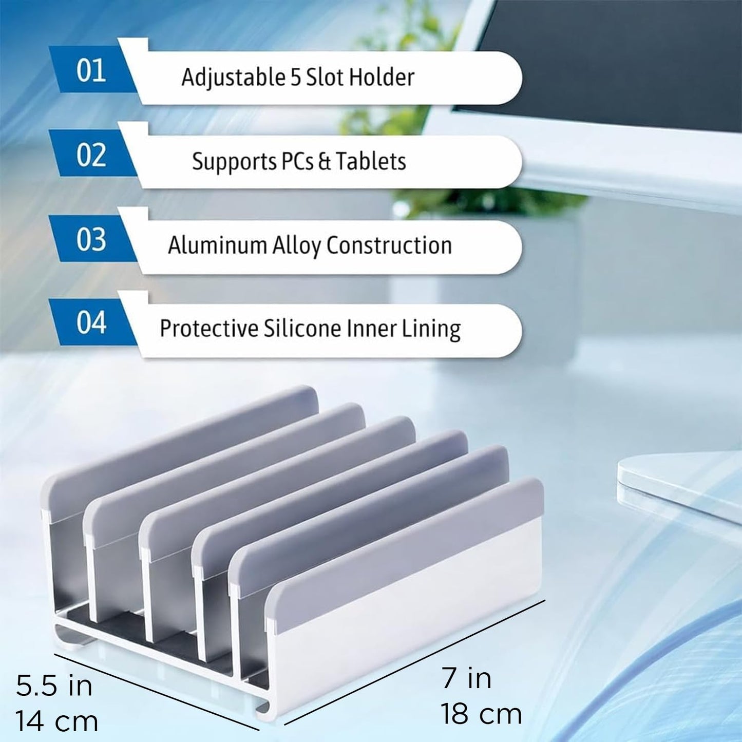 Elestoria Vertical Laptop Stand - Fits 5 Devices, Modern Design, Tool Free Adjustment, Protective & Stable (Silver)