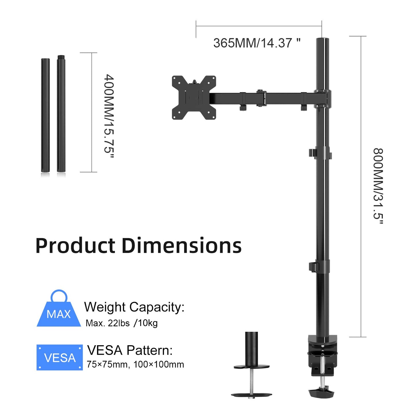 suptek Single LED LCD Monitor Stand up Desk Mount for 1 / One Screen up to 27 inch Extra Tall 31.5 inch Pole Heavy Duty Fully Adjustable Stand (MD6821)