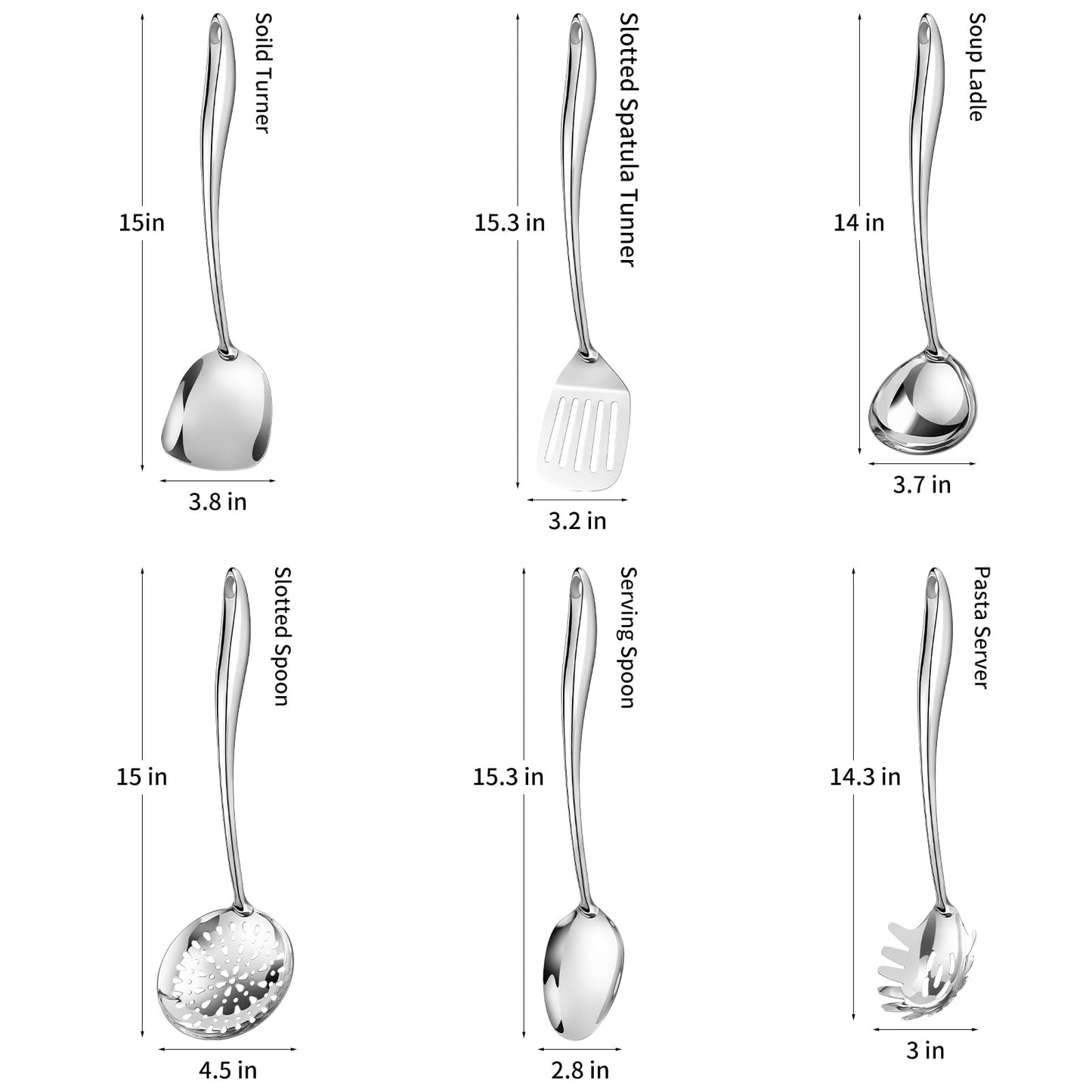 Kitchen Utensil Set, 304 Stainless Steel 6 Pcs Cooking Utensils Set with Spatula, Solid Spoon, Ladle, Skimmer, Spaghetti Spoon,Dishwasher Safe