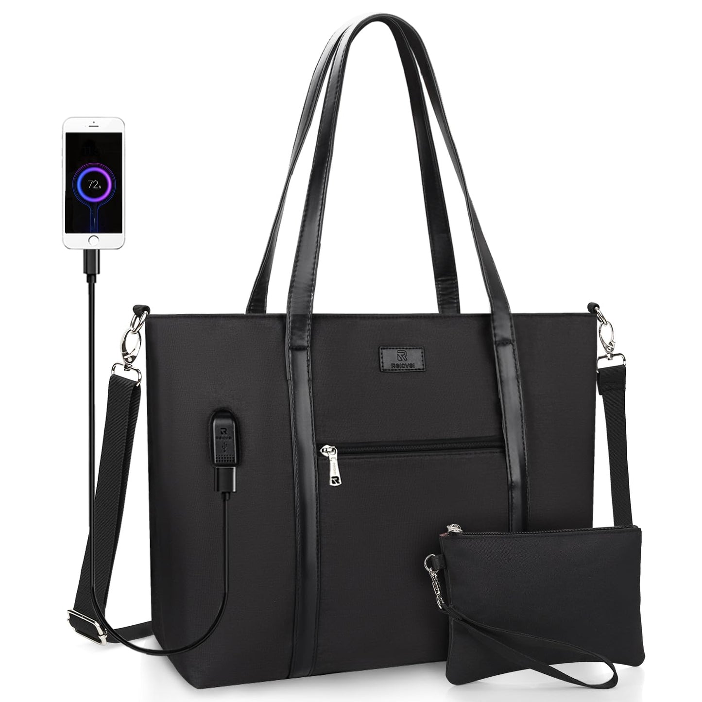 Laptop Tote Bag for Women 17.3 Inch Laptop Bag with Wristlet Wallet Large Teacher Tote Bag Waterproof Nylon Work Bag Computer Tote Bag Handbag Satchel Shoulder Bag (2pcs)