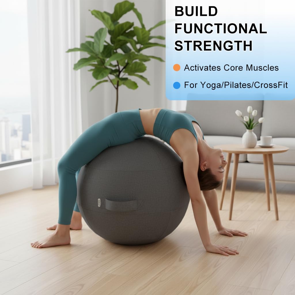 Exercise Ball Chair with Fabric Cover, Standard Size (25inches/65cm), for Home Offices, Balance Training, Yoga Ball (Black)