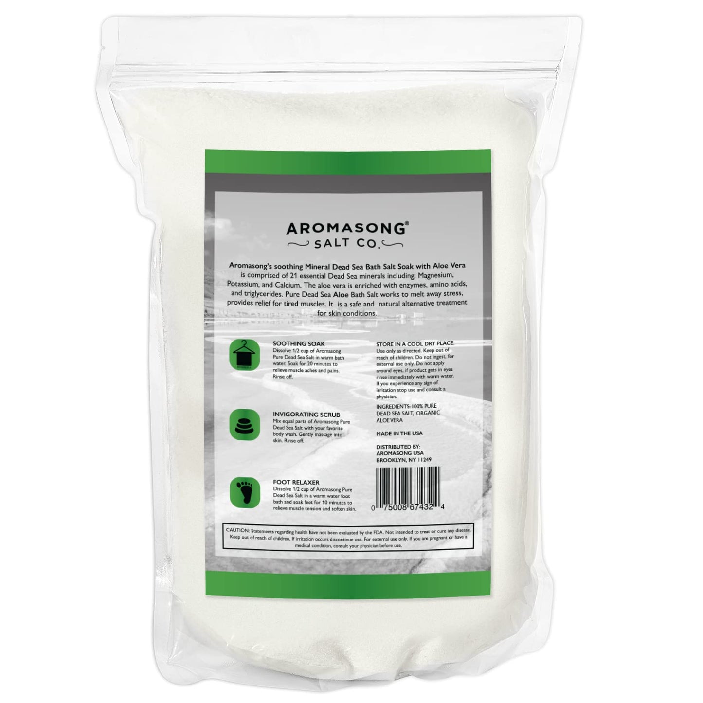 Aromasong Dead Sea Salt with Organic Aloe Vera, 5 Lbs Fine Grain Large Bulk resealable Pack, 100% Pure & Natural, Used for Body wash Scrub, Soak for Women & Men for Tired Muscles & Skin Issues.