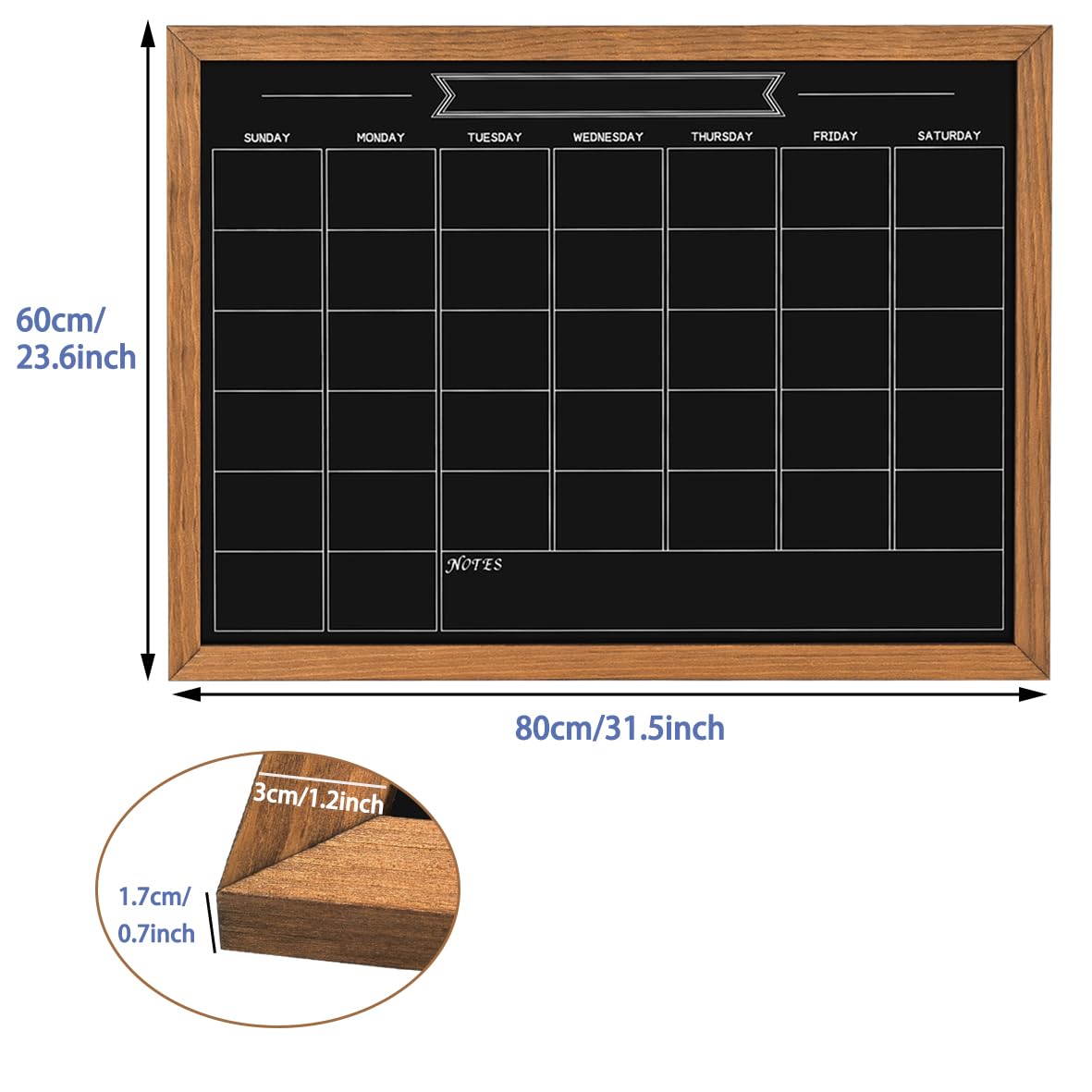 Umtiti Calendar Chalkboard, 23.6" * 31.5", Magnetic Surface Rustic Brown Solid Pine Wood Frame Chalk Board for Planning/School Timetable/Memo, Hanging Board for Office, School and Home(YLHB-QZ-6080