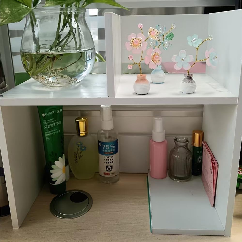 Hbluefat Desktop Bookshelf Organizer, Small Wooden Storage Rack, Multi-Functional Desk Display Shelf for Home Office (White)