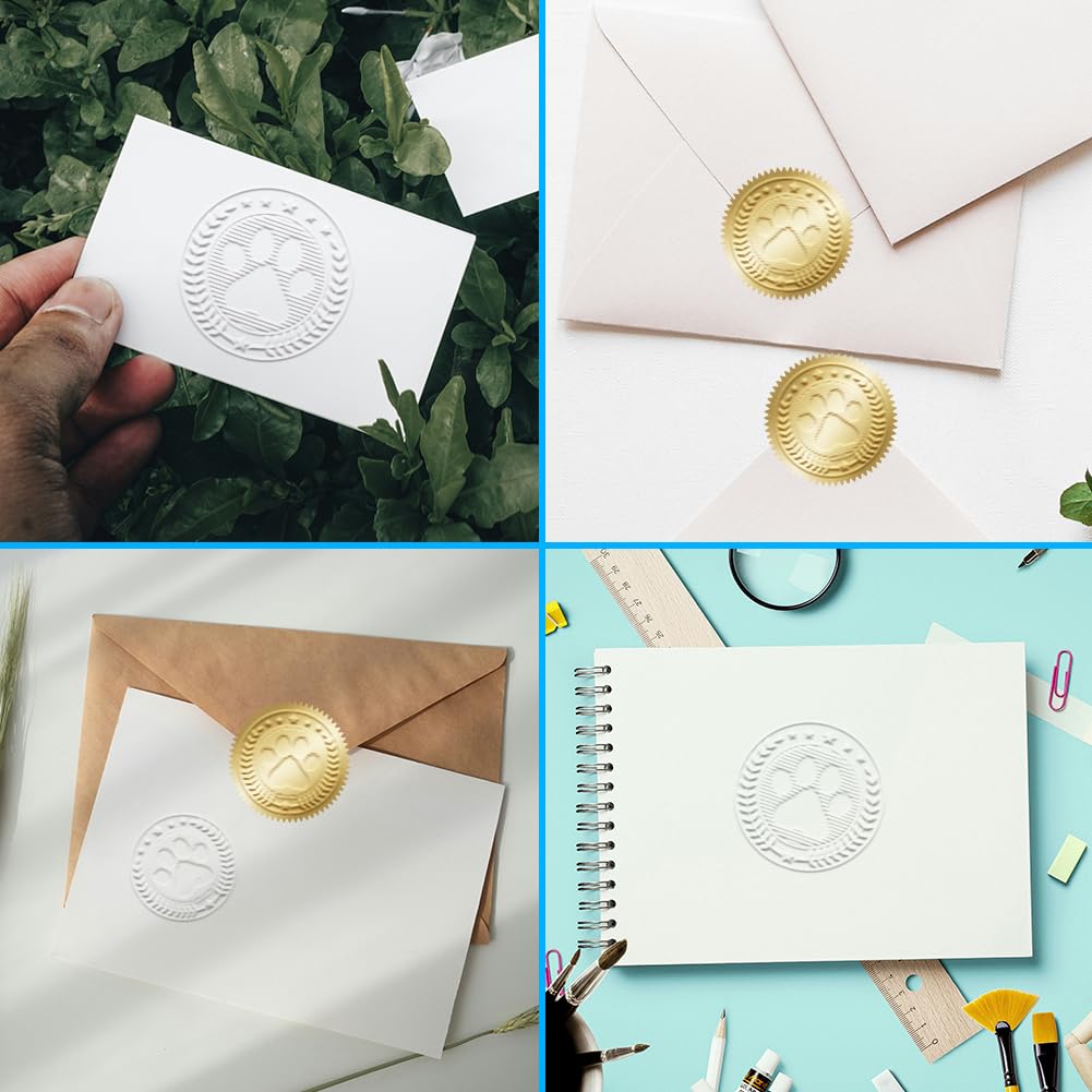 ANATTASOUL Book Embosser Personalized Paw Pattern Book Stamp, Durable Library Stamp with Handle Set for Paper, Books, Envelopes, Documents, Certificate, Gifts(100Pcs Gold Foil Stickers)