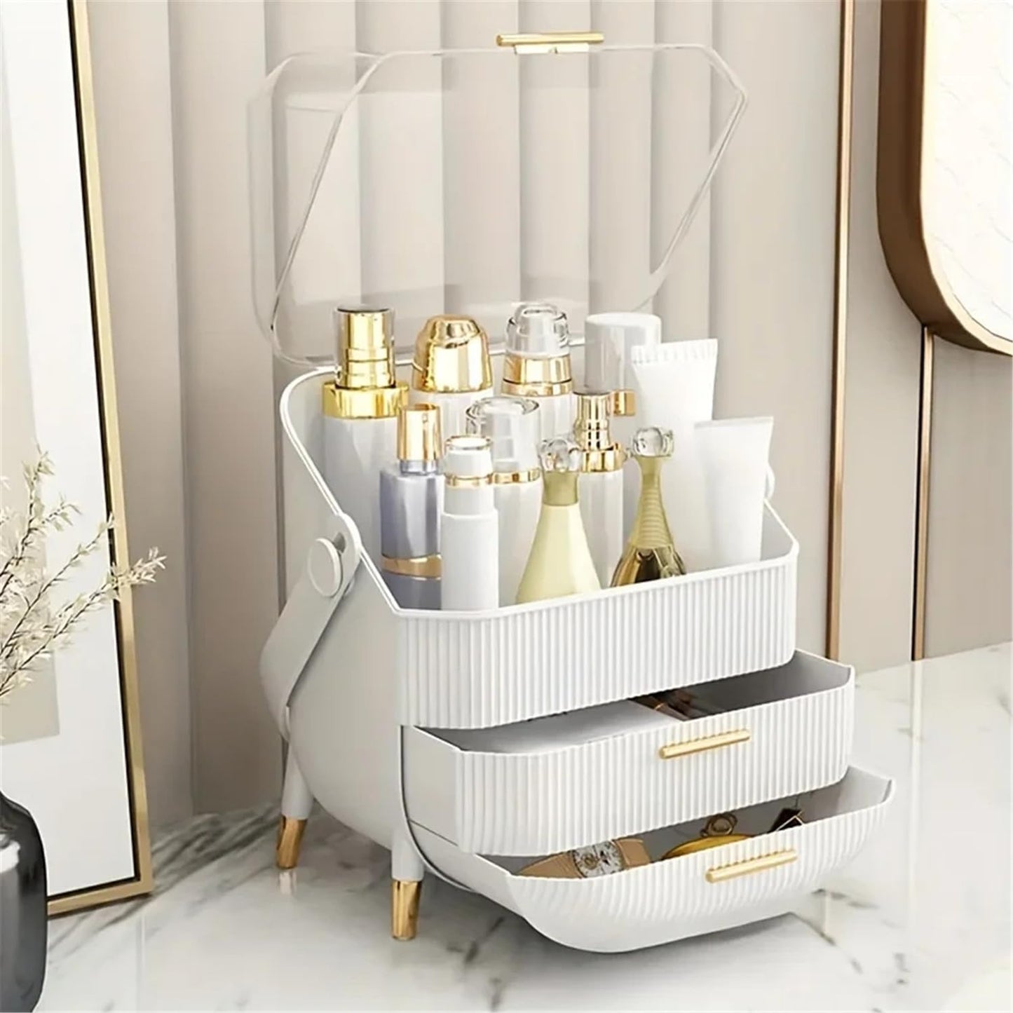Makeup Organizer Box with Transparent dustproof Cover，Portable 3 Tier Skincare Cosmetics Organizers with Drawers Display for Bathroom, Countertop, Vanity