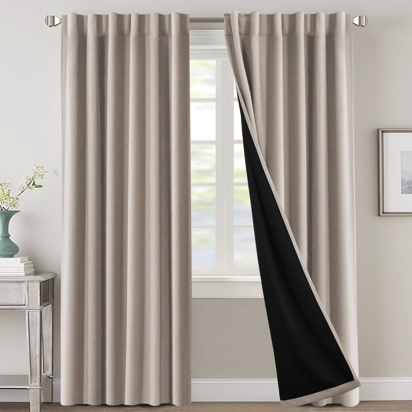 100% Blackout Curtains for Bedroom with Black Liner Full Room Darkening Curtains 96 Inches Long Thermal Insulated Back Tab/Rod Pocket Window Treatment Drapes for Living Room, Natural, 2 Panels