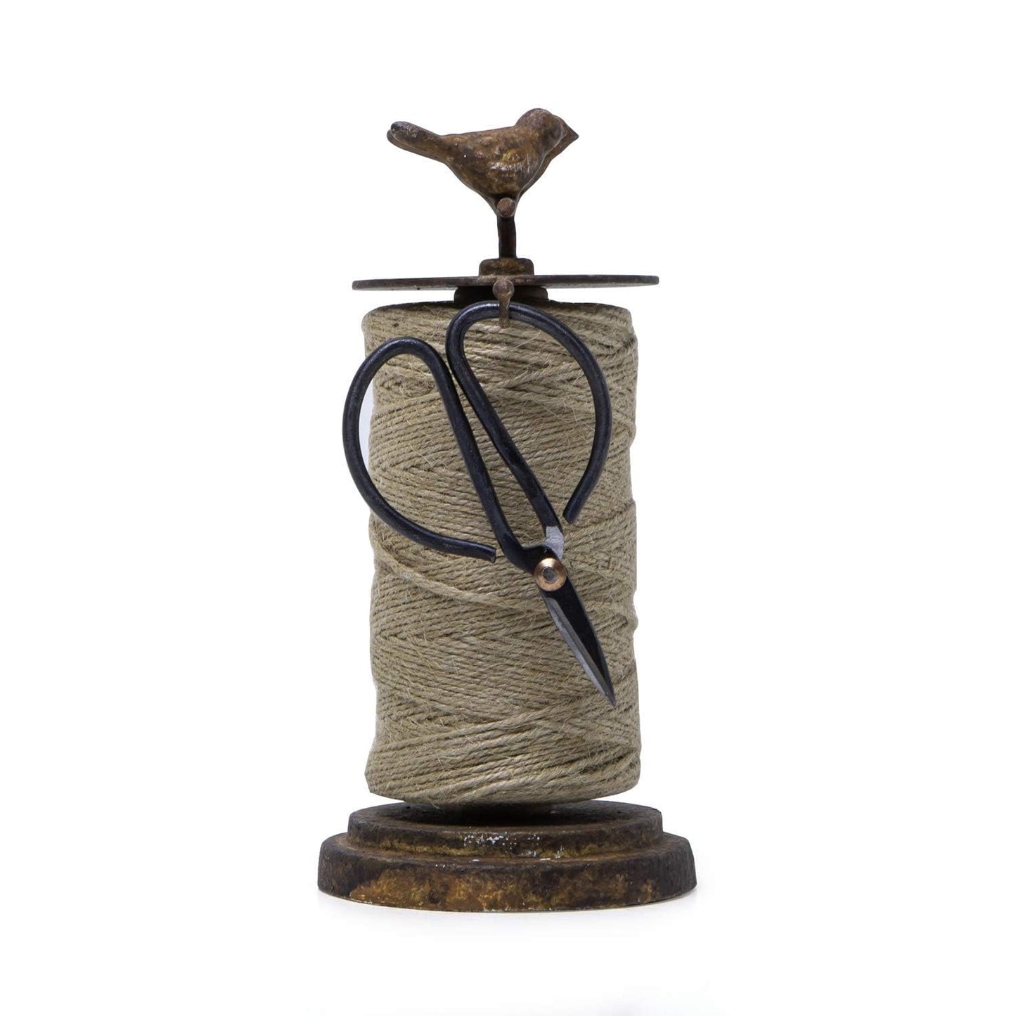 SOFFEE DESIGN Vintage Jute Twine Holder with Scissors for Garden Farmhouse Kitchen Counter Antique Twine Set Birds Rustic Black