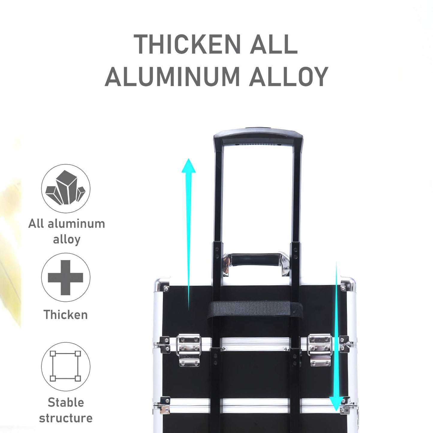 4 in 1 Rolling Makeup Case Professional Cosmetic Trolley, Aluminum Makeup Train Case with 360° Swivel Wheels, Lockable Storage Organizer for Beauty, Salon, Travel, Jewelry