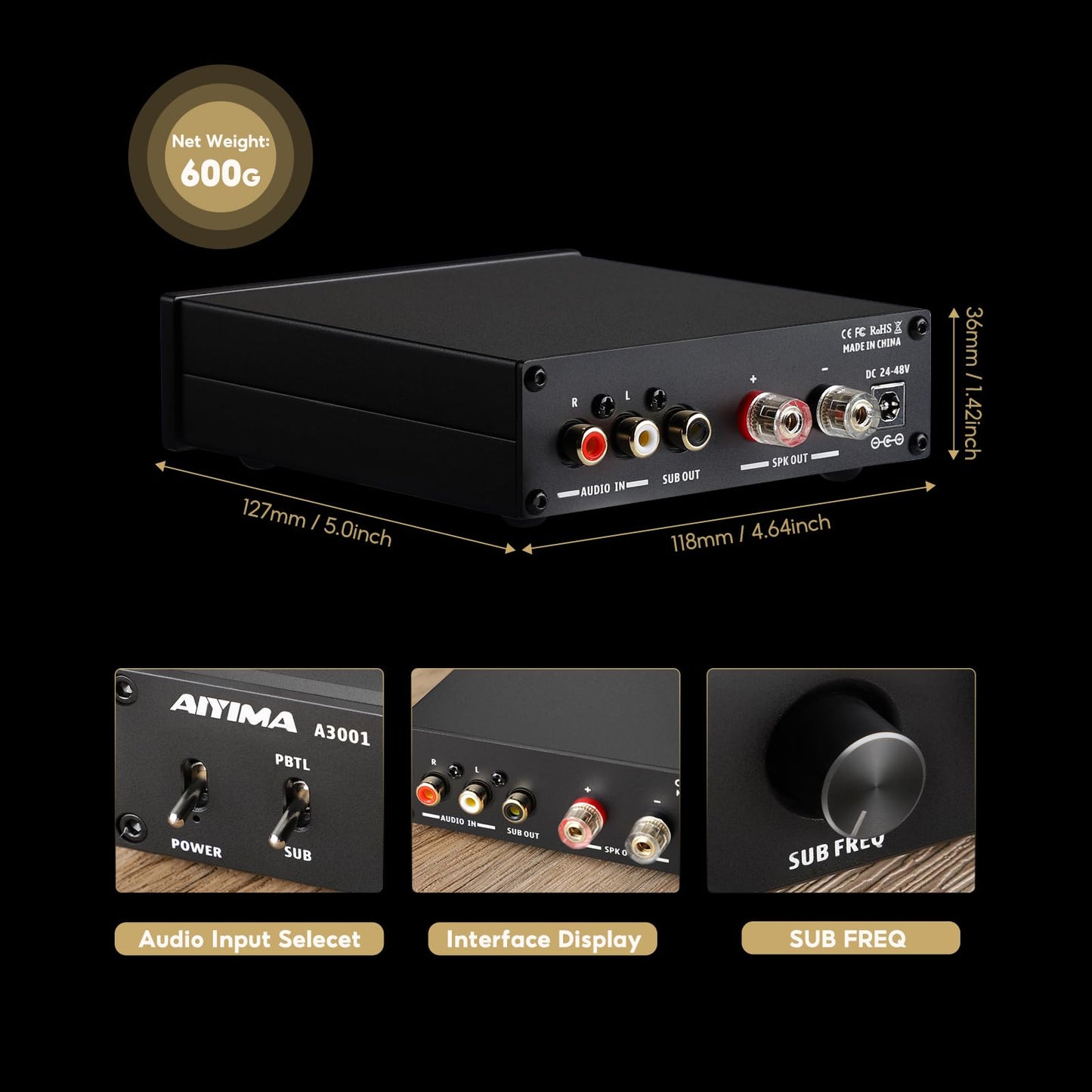 AIYIMA A3001 Mini Mono Amp 300W Subwoofer Amplifier TPA3255 Class D Amp with Full-Frequency & Sub Bass Home Audio Speaker amp+ DC36V 6A Power Adapter