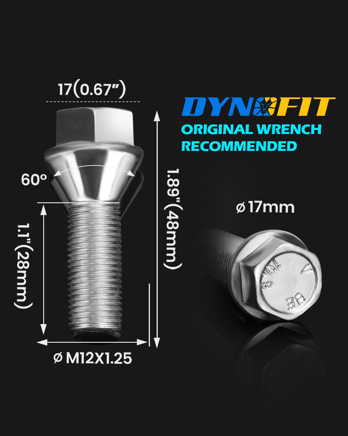 Dynofit M12x1.25 Lug Bolts Set Compatible with Je-ep Compass Cherokee Renegade, 20pcs 12mmx1.25 Lug Nuts Stud for Fiat 500 Dodge Dart Chrysler 200, 28mm Shank Wheel Bolts Replace OE#6511051AA 611-005